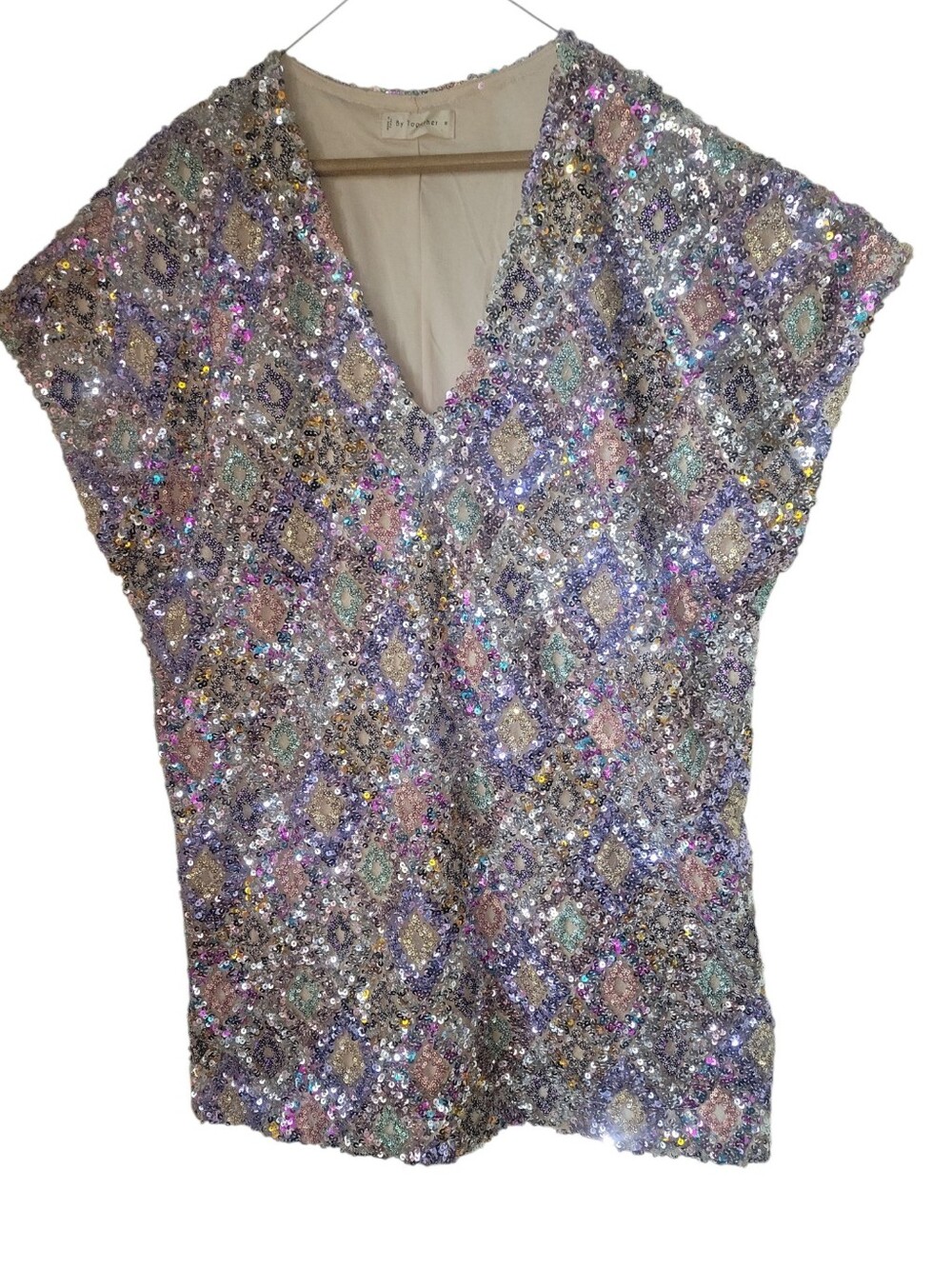 By Together Iridescent Mini  Sequin Embellished V-Neck Tunic in Pastel Mix M